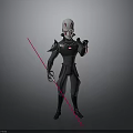 Sci Fi Character In Black Armor With White Helmet And Red Lightsaber
