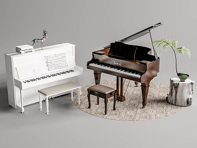 White Upright And Brown Grand Pianos With Stools Sheet Music Deer Figurine And Green Plant 3d model