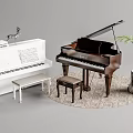 White Upright And Brown Grand Pianos With Stools Sheet Music Deer Figurine And Green Plant