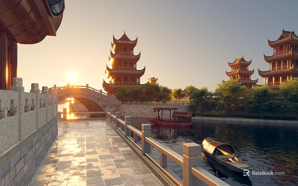 Traditional Chinese Waterside Landscape With Ancient Towers Stone Bridge Boats And Sunset View 3d model 