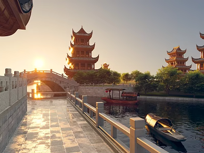 Traditional Chinese Waterside Landscape With Ancient Towers Stone Bridge Boats And Sunset View 3d model