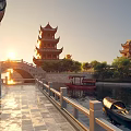 Traditional Chinese Waterside Landscape With Ancient Towers Stone Bridge Boats And Sunset View