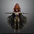 Mythical Woman With Red Flame Hair In Gold Black Armor And Feather Wings Arms Outstretched