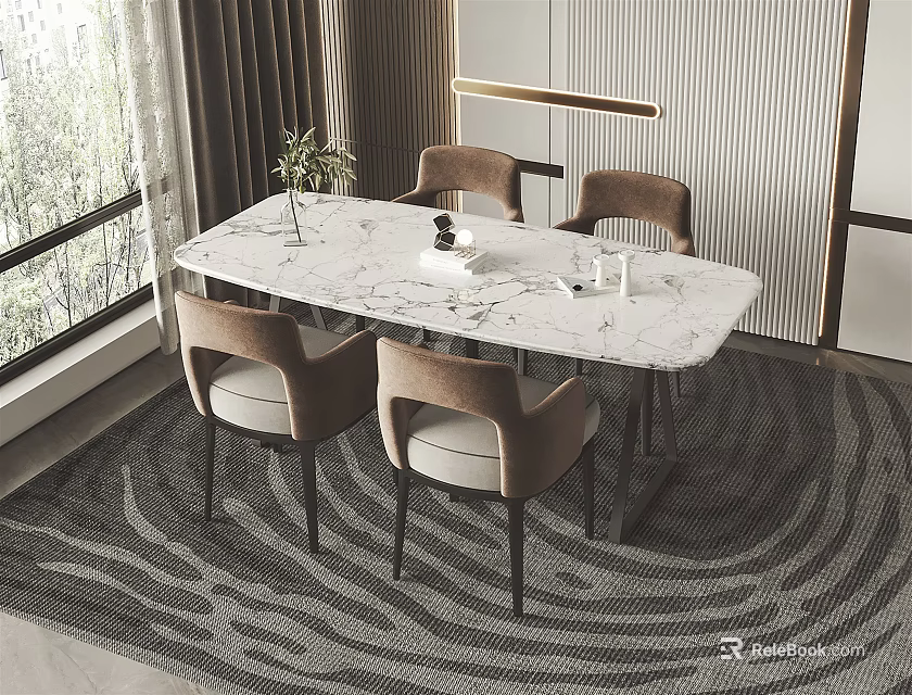 Modern Dining Table Set With Marble Top Four Chairs Window Curtains And Patterned Rug 3d model