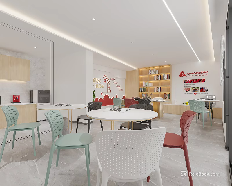 Modern Casual Lounge Interior With Round Table Colorful Chairs Bookshelves And Wall Decor 3d model 