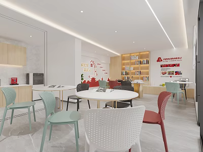 Modern Casual Lounge Interior With Round Table Colorful Chairs Bookshelves And Wall Decor 3d model