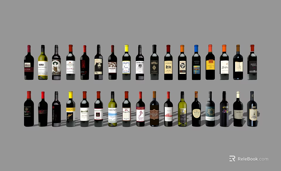 Wine Bottles And Glasses With Various Labels Arranged On Gray Background 3d model 