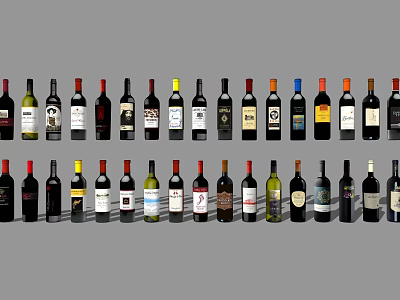 Wine Bottles And Glasses With Various Labels Arranged On Gray Background 3d model