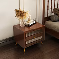 Traditional Bedroom Interior With Wooden Bed Frame Nightstands Soft Rug Red Curtains And Wall Art