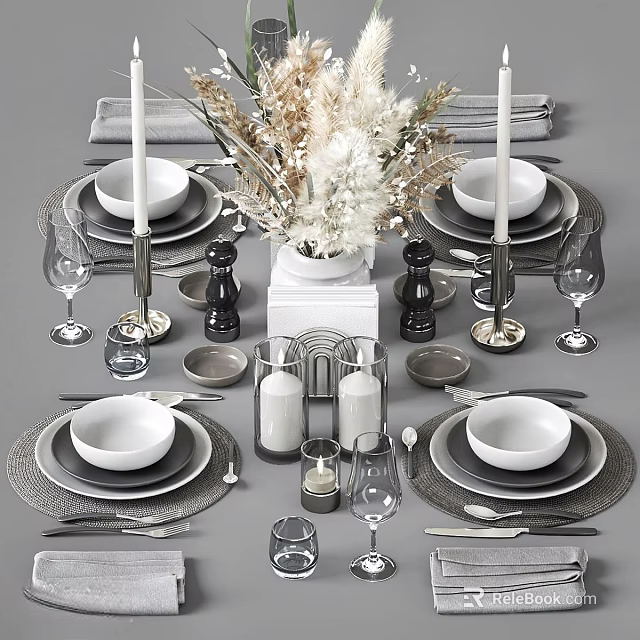 Elegant Decorative Ornament Set With Tableware Vase Candles Wine Glasses Bowls And Plates 3d model 