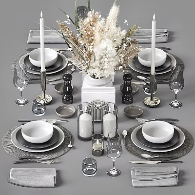 Elegant Decorative Ornament Set With Tableware Vase Candles Wine Glasses Bowls And Plates 3d model
