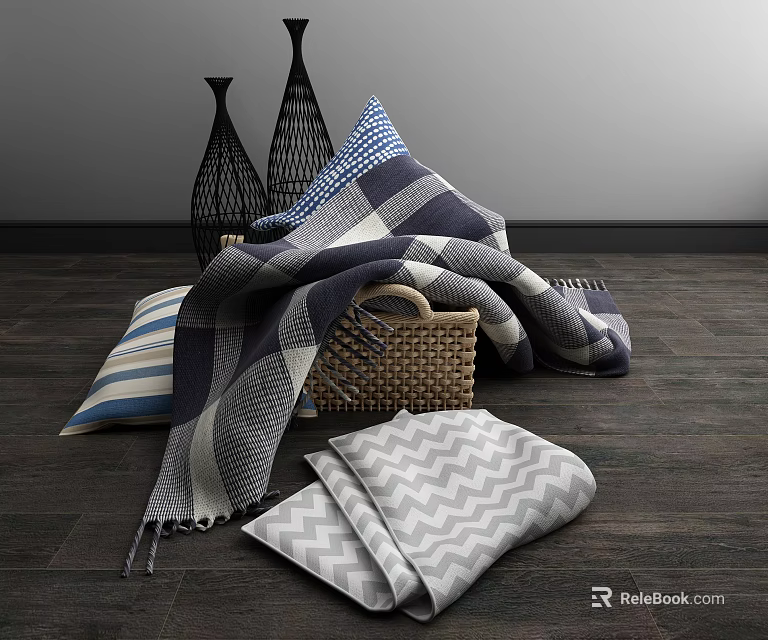 Woven Storage Basket with Cozy Blankets and Striped Chevron Pillows for Home Decor 3d model 