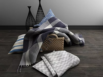 Woven Storage Basket with Cozy Blankets and Striped Chevron Pillows for Home Decor 3d model