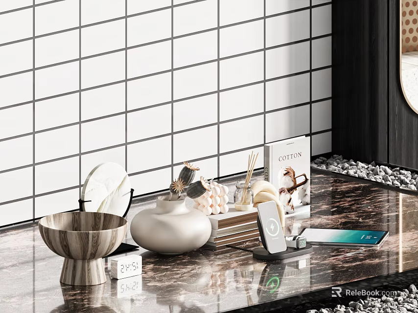 Marble Bathroom Countertop Decorative Ornament Set With Wooden Bowl White Vase And Phone Stand 3d model 