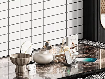 Marble Bathroom Countertop Decorative Ornament Set With Wooden Bowl White Vase And Phone Stand 3d model