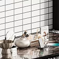 Marble Bathroom Countertop Decorative Ornament Set With Wooden Bowl White Vase And Phone Stand