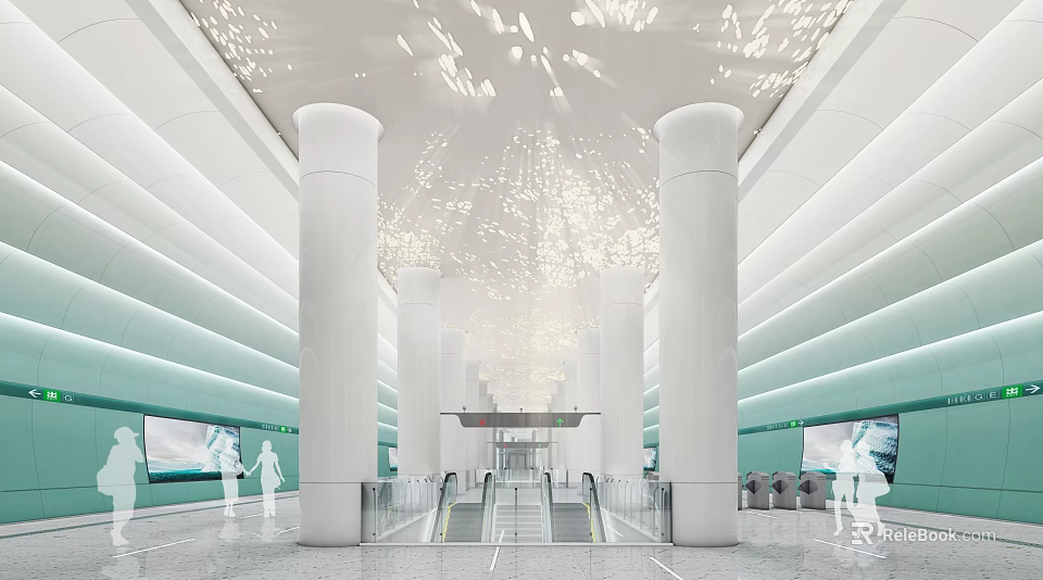 Modern Station Interior Design Featuring White Pillars Ceiling Lights And Escalators 3d model 