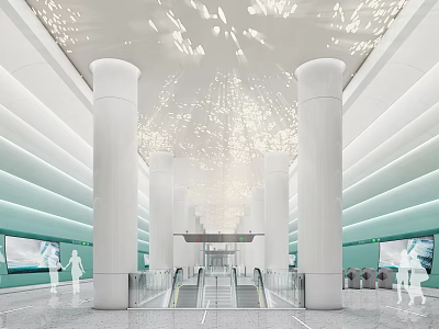 Modern Station Interior Design Featuring White Pillars Ceiling Lights And Escalators 3d model