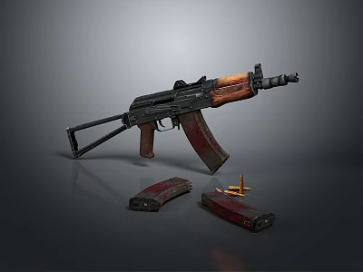 AK Assault Rifle With Wooden Parts Magazines And Bullets On Gray Background 3d model