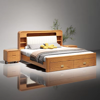 Modern Wooden Double Bed with Headboard Shelves Drawers and Nightstands Natural Bedding 3d model