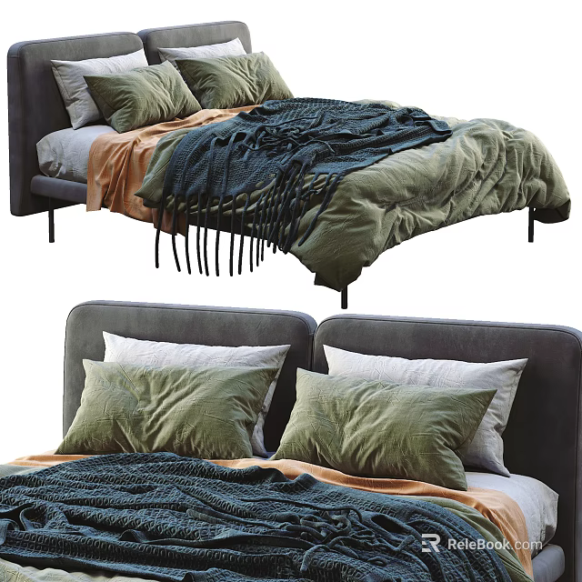 Modern Double Bed With Gray Headboard Green White Pillows And Blue Orange Blankets 3d model 