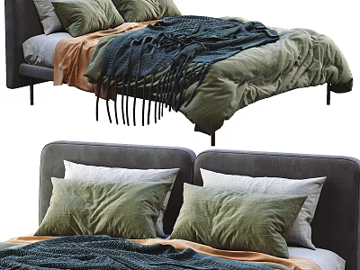Modern Double Bed With Gray Headboard Green White Pillows And Blue Orange Blankets 3d model