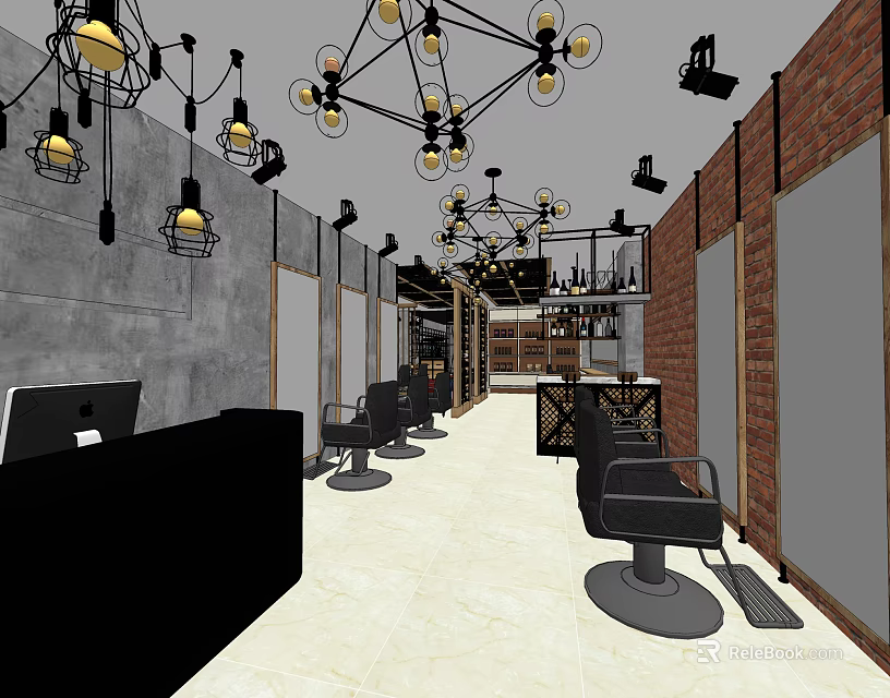 Industrial Style Hair Salon Interior With Black Chairs Brick Walls Pendant Lights And Reception Desk 3d model 