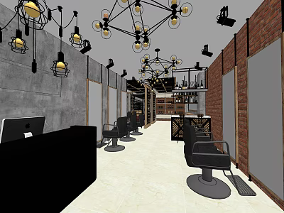 Industrial Style Hair Salon Interior With Black Chairs Brick Walls Pendant Lights And Reception Desk 3d model
