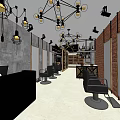 Industrial Style Hair Salon Interior With Black Chairs Brick Walls Pendant Lights And Reception Desk