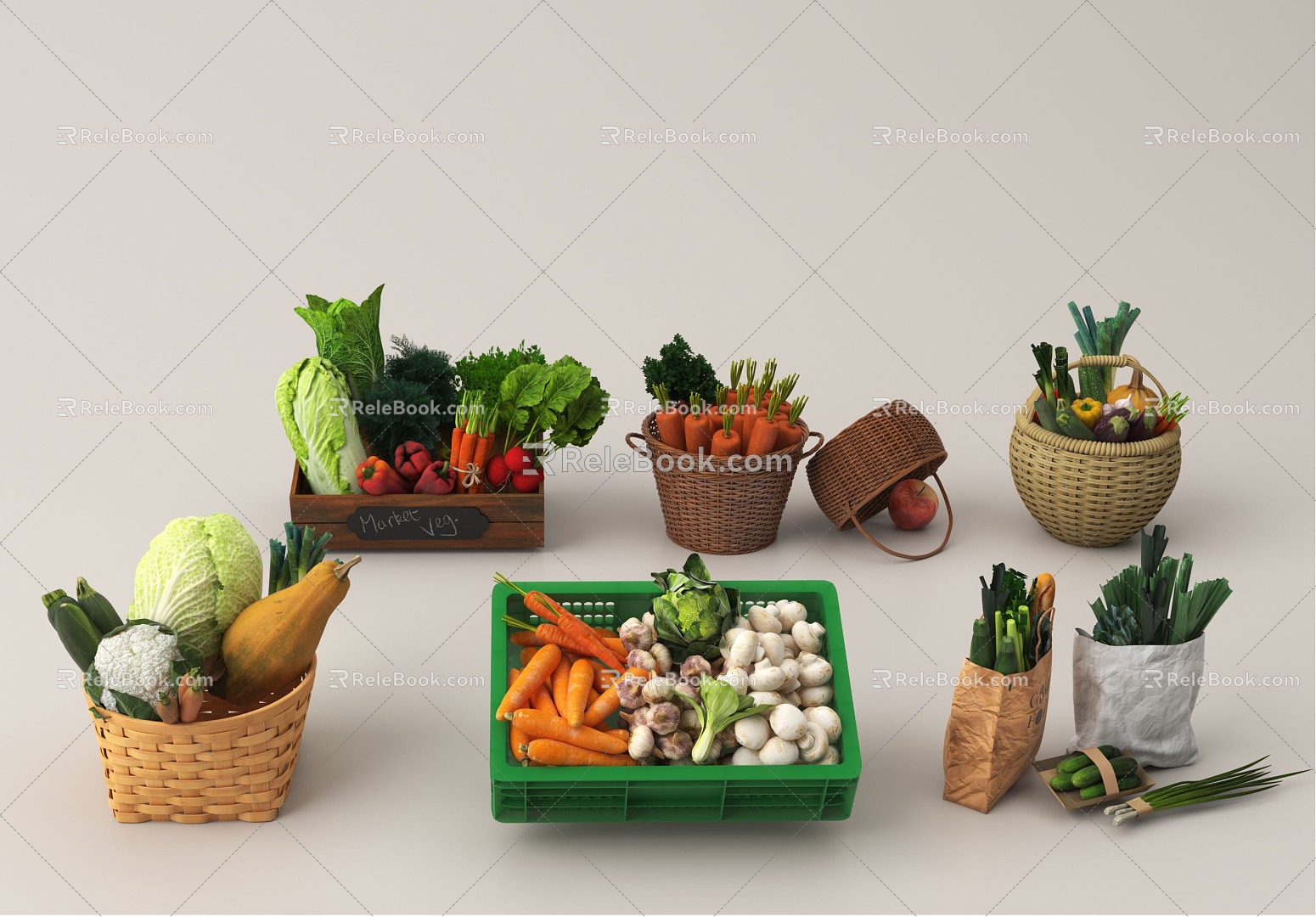 Fruit and vegetable combination bamboo basket vegetable basket fruit basket cabbage banana pepper pumpkin broccoli 3d model