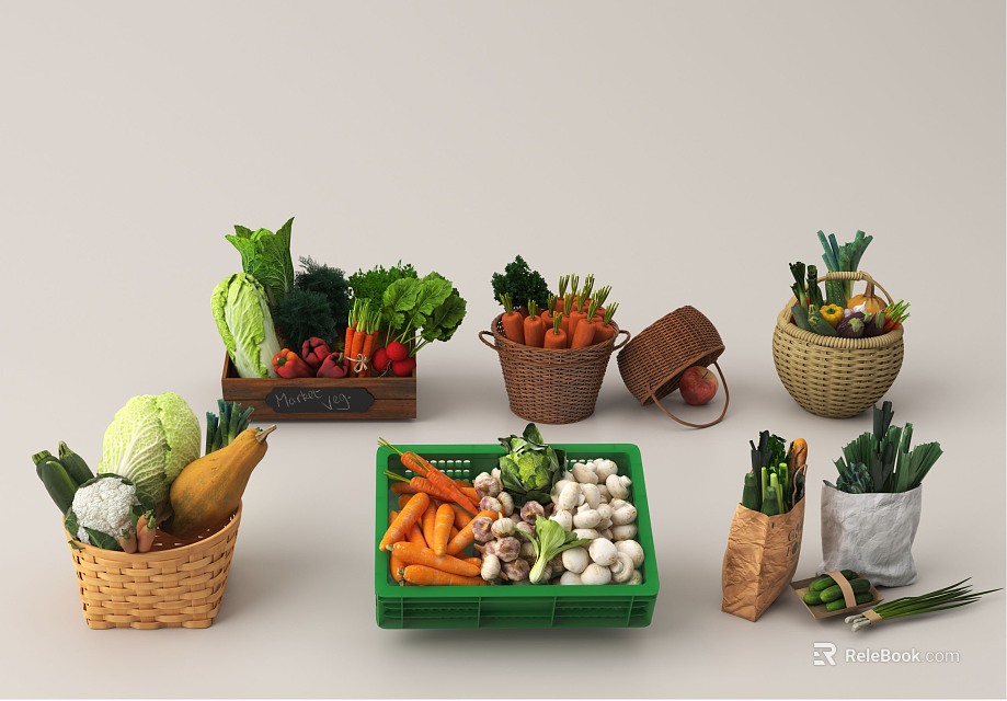 Fresh Assorted Fruits in Wicker Baskets Green Boxes and Paper Bags Arranged 3d model 
