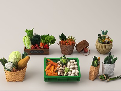 Fruit and vegetable combination bamboo basket vegetable basket fruit basket cabbage banana pepper pumpkin broccoli 3d model