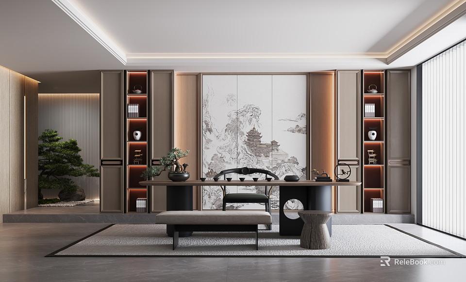 Elegant Modern Tea Room Interior With Landscape Painting And Wooden Tea Table 3d model 