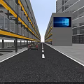 Modern Multi Story Parking Garage With Gray Exterior Yellow Railings And Blue Screens