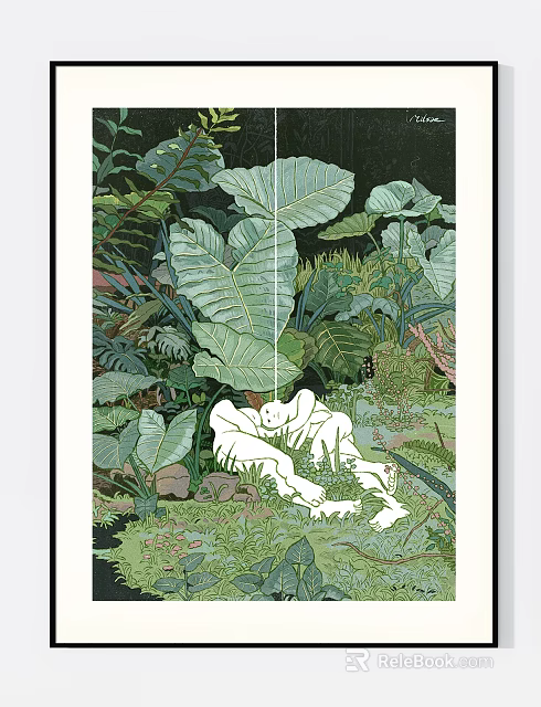 Botanical Painting with Lush Green Foliage and Reclining White Figure 3d model 