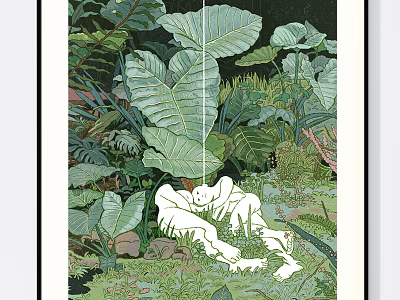 Botanical Painting with Lush Green Foliage and Reclining White Figure 3d model
