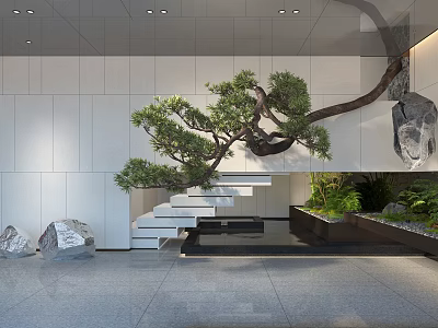 Modern Indoor Landscape Design With Large Pine Tree Staircase Stone Decorations And Green Plants 3d model