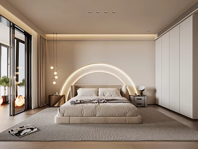 Modern Bedroom Interior With Arched Headboard Lighting Large Bed Built In Wardrobe And Soft Rug 3d model