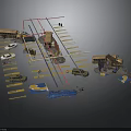 Parking Lot Scenario Components With Buses Cars Parking Lines And Building Models