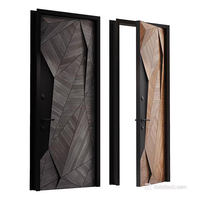 Modern Swing Doors With Geometric Wood Grain Design Black Frame And Transparent Glass 3d model 