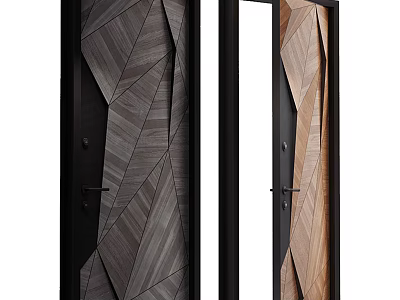 Modern Swing Doors With Geometric Wood Grain Design Black Frame And Transparent Glass 3d model