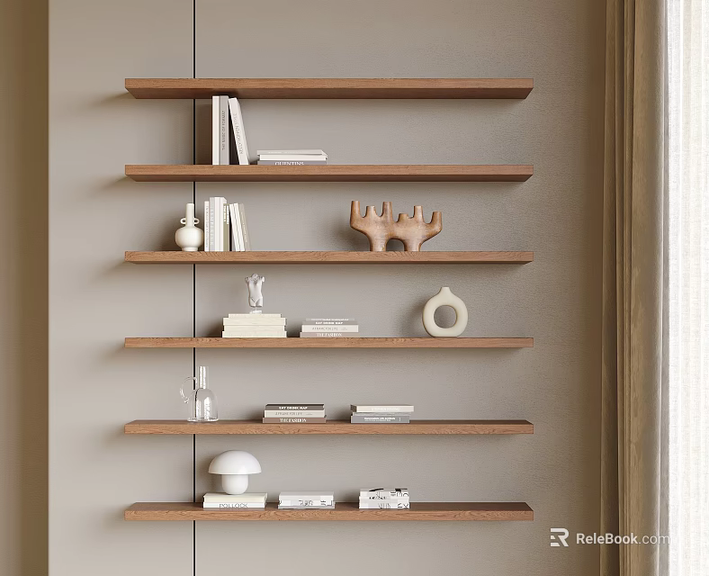 Wooden Wall Mounted Shelves With Decorative Items Books Deer Figurine And Lamp 3d model 
