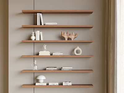 Wooden Wall Mounted Shelves With Decorative Items Books Deer Figurine And Lamp 3d model