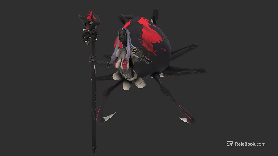 Mythical Spider Creature And Warrior Character In Red Black Armor Holding Dark Staff 3d model 