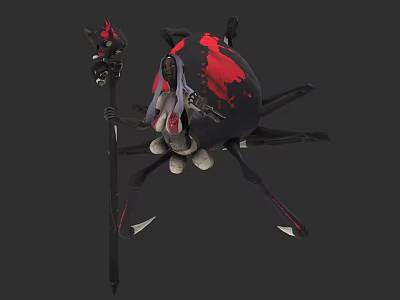 Mythical Spider Creature And Warrior Character In Red Black Armor Holding Dark Staff 3d model