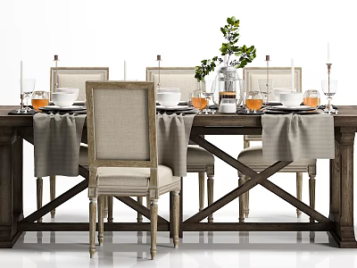Dining Table Set With Chairs Tableware Napkins Green Plant Vase And Candles 3d model