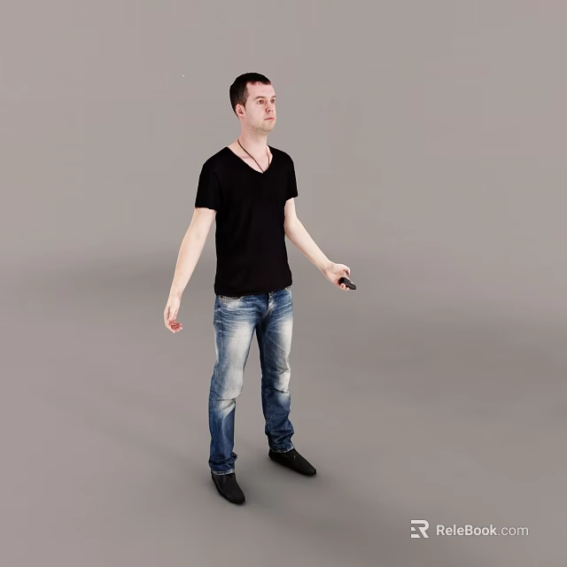 Man in Black V neck T shirt Blue Jeans Standing Against Grey Background holding device 3d model 