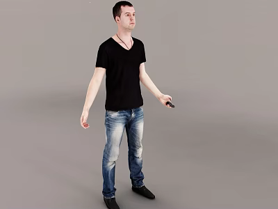 Man in Black V neck T shirt Blue Jeans Standing Against Grey Background holding device 3d model
