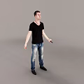 Man in Black V neck T shirt Blue Jeans Standing Against Grey Background holding device
