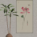 Chinese Ink Style Botanical Painting Featuring Pink Lotus Flower Dragonfly And Lotus Seed Pod
